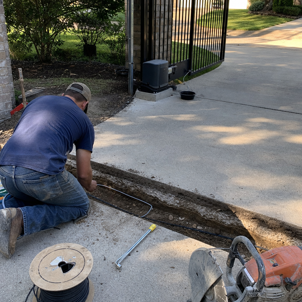 Technician installing automatic gate wiring for access control system