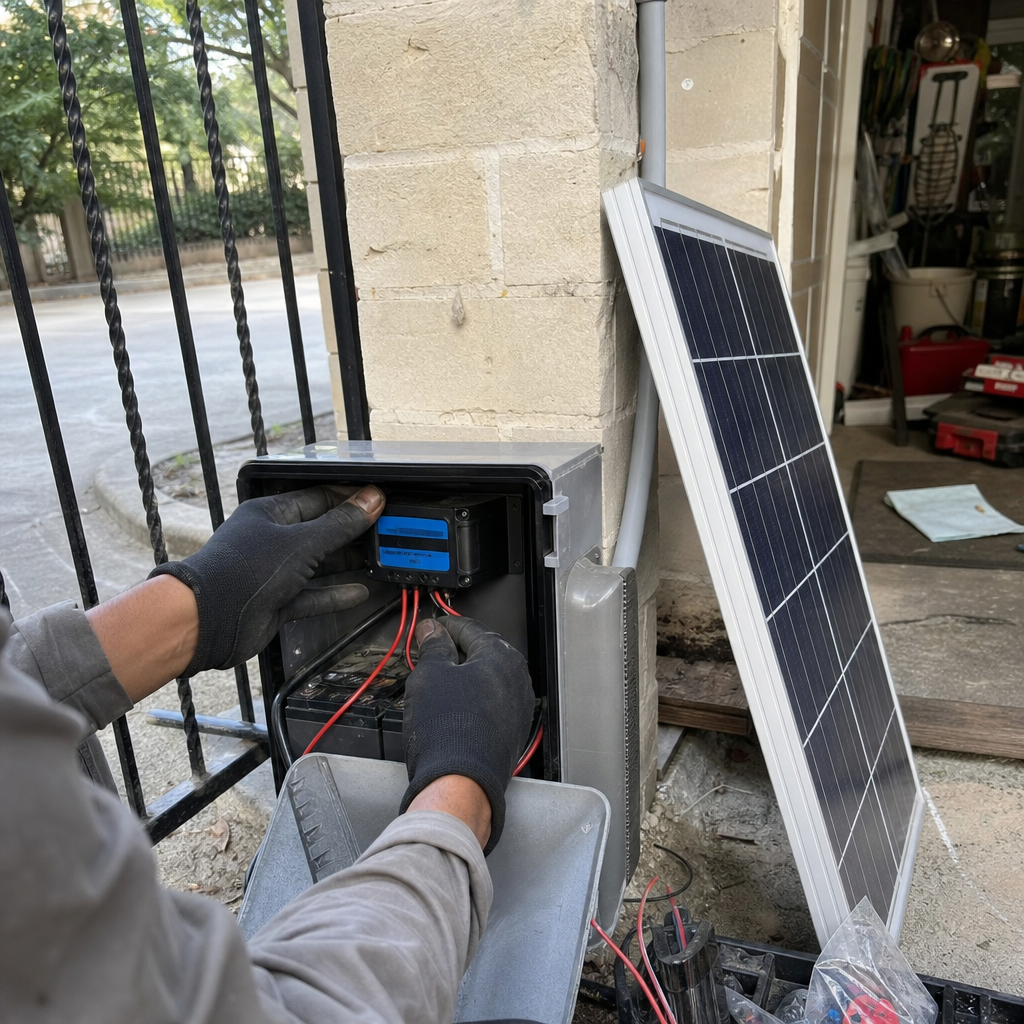 Technician performing solar gate access control system installation and wiring