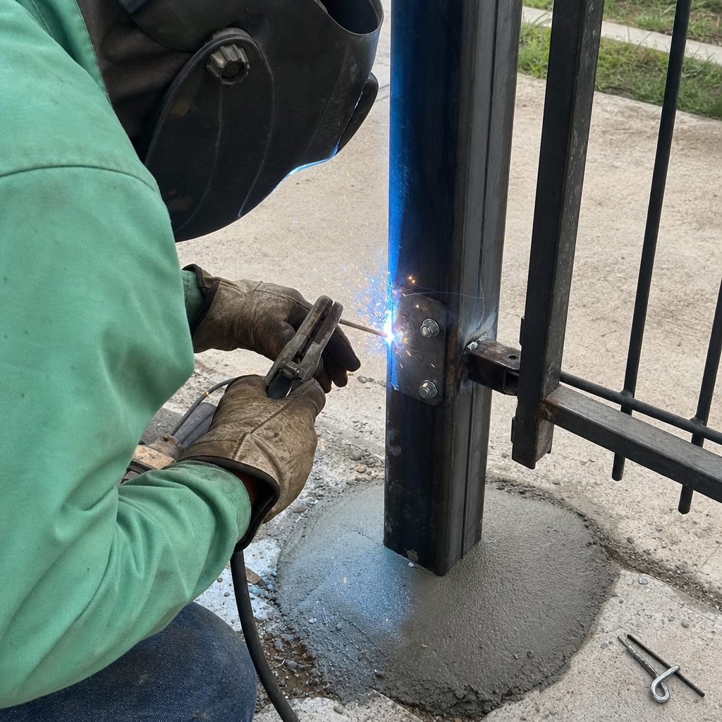 Professional welder performing metal gate installation and repair