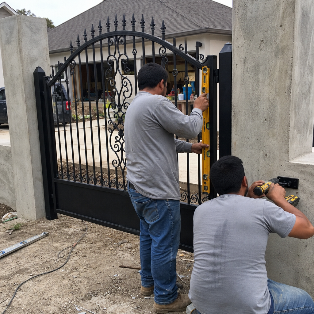 Two technicians installing a decorative metal gate on a concrete pillar