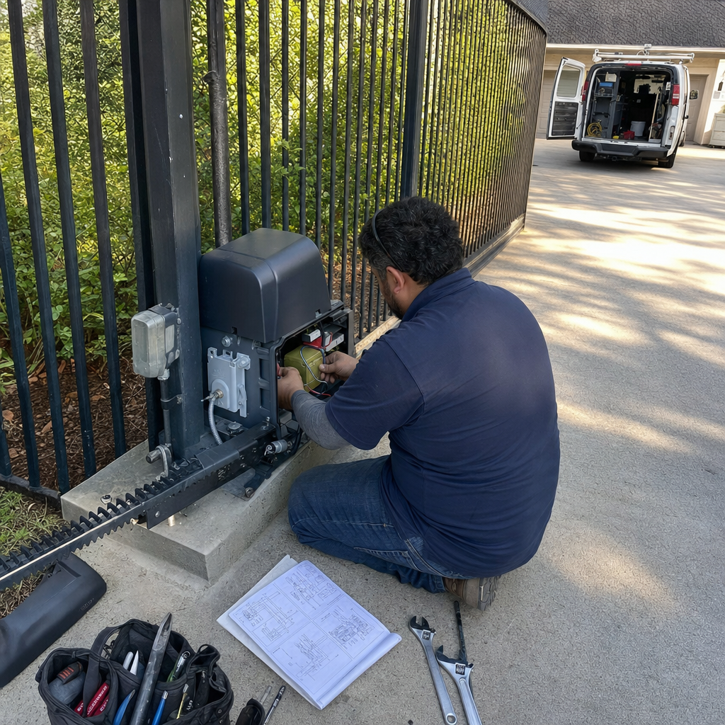 Technician performing professional electric gate motor and opener repairs