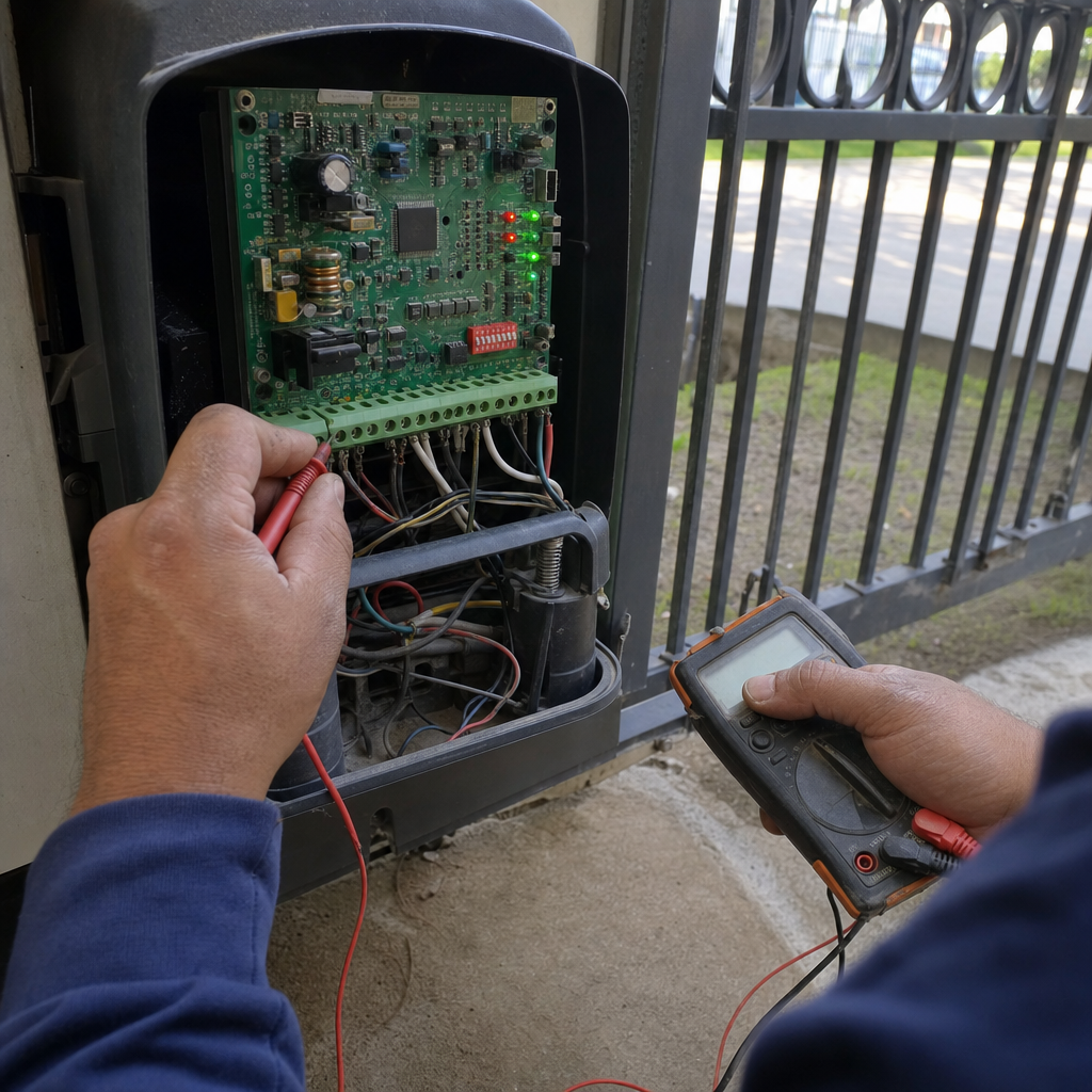 Technician using a multimeter to repair an automatic gate motor control board