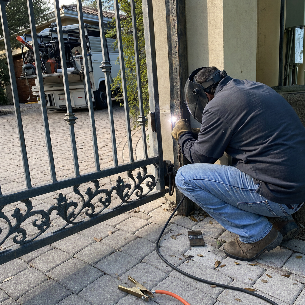 Professional welder performing metal gate repair and welding service