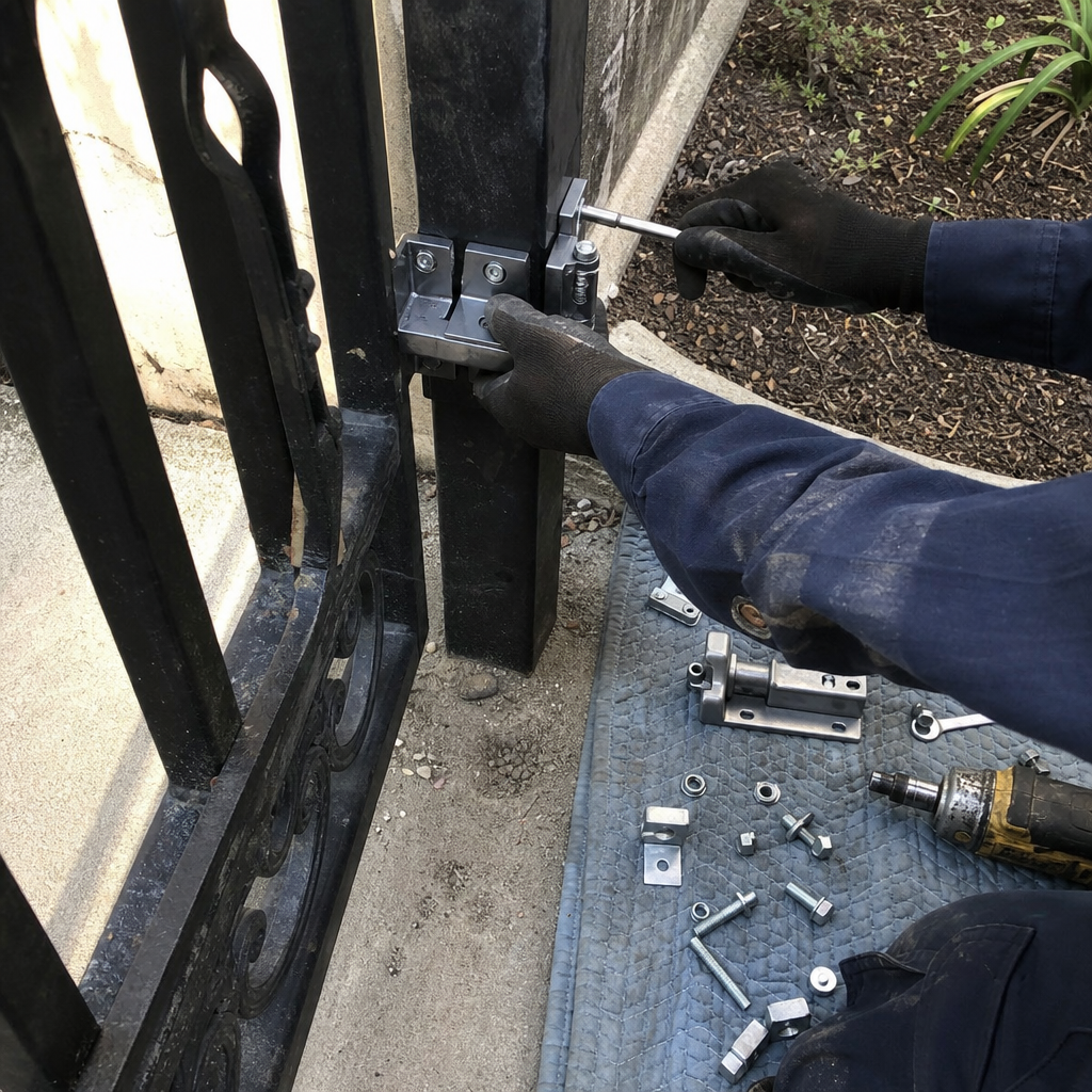 Technician performing professional gate repair and hinge installation